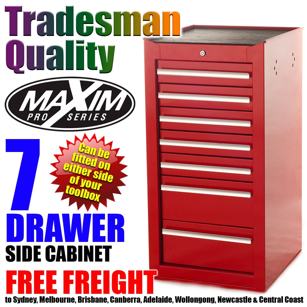 Maxim Pro Series 42” Side Cabinet MAXIM 7 Drawer Red Side Cabinet Toolbox  Extension Storage Medium Size Tool Box