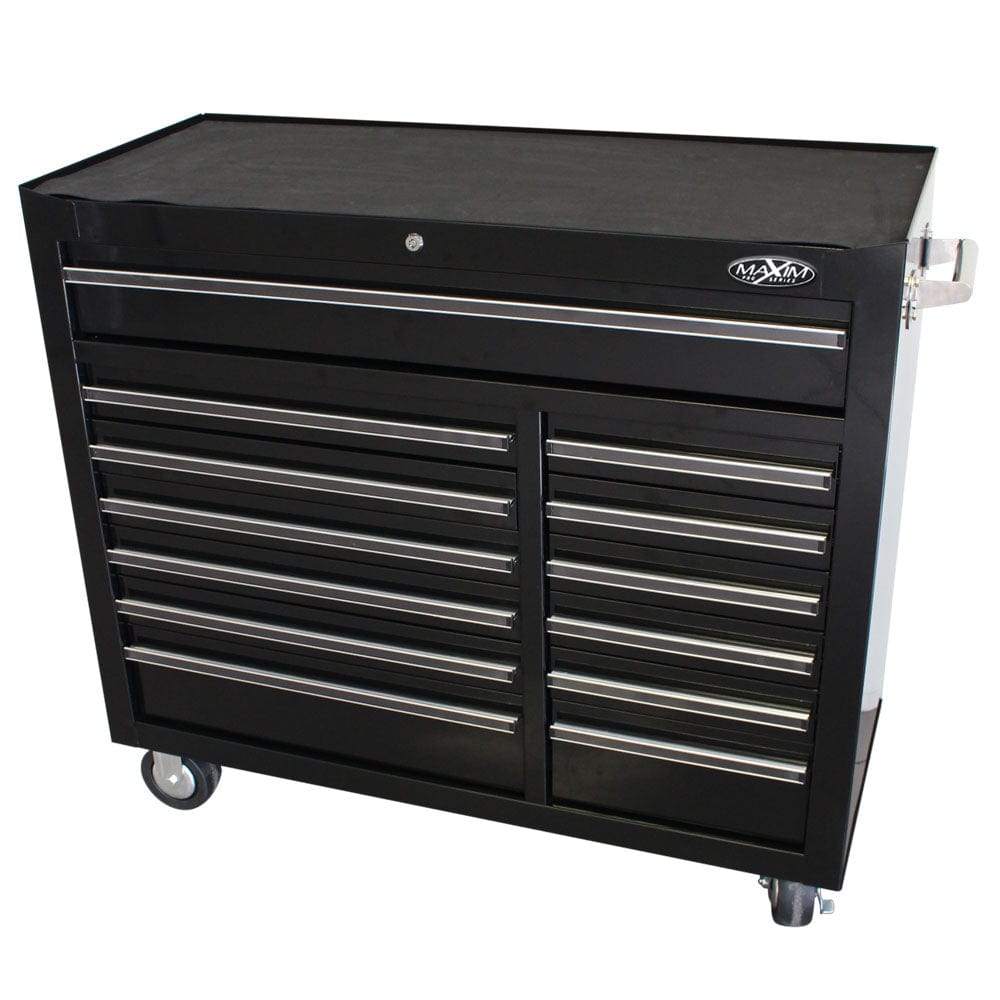 Maxim Pro Series 42” Workstation - 42” Roll cabinet +/- Stainless Steel Top MAXIM 42" Black 13 Drawer Roll Cabinet Storage Toolbox