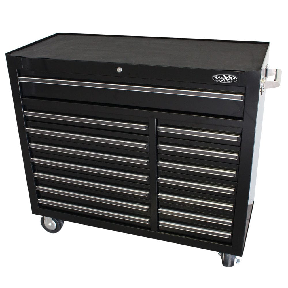 Maxim Pro Series 42” Workstation - 42” Roll cabinet +/- Stainless Steel Top MAXIM 42" Black 15 Drawer Roll Cabinet Storage Toolbox