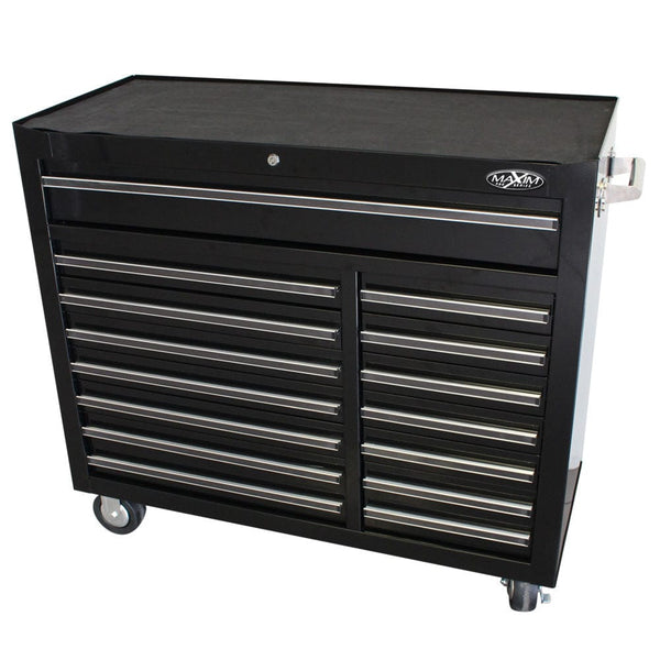 Maxim Pro Series 42” Workstation - 42” Roll cabinet +/- Stainless Steel Top MAXIM 42" Black 15 Drawer Roll Cabinet Storage Toolbox