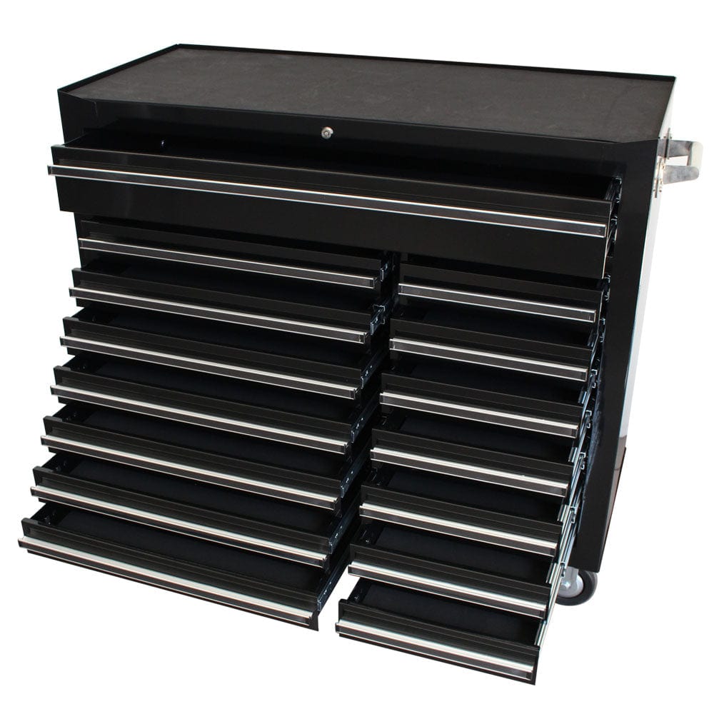 Maxim Pro Series 42” Workstation - 42” Roll cabinet +/- Stainless Steel Top MAXIM 42" Black 15 Drawer Roll Cabinet Storage Toolbox