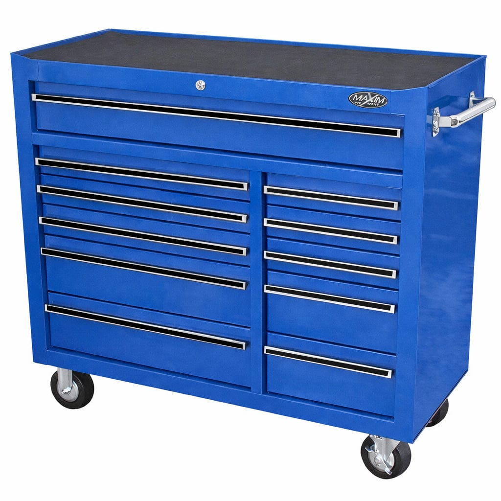 Maxim Pro Series 42” Workstation - 42” Roll cabinet +/- Stainless Steel Top MAXIM 42" Blue 11 Drawer Roll Cabinet Storage Toolbox