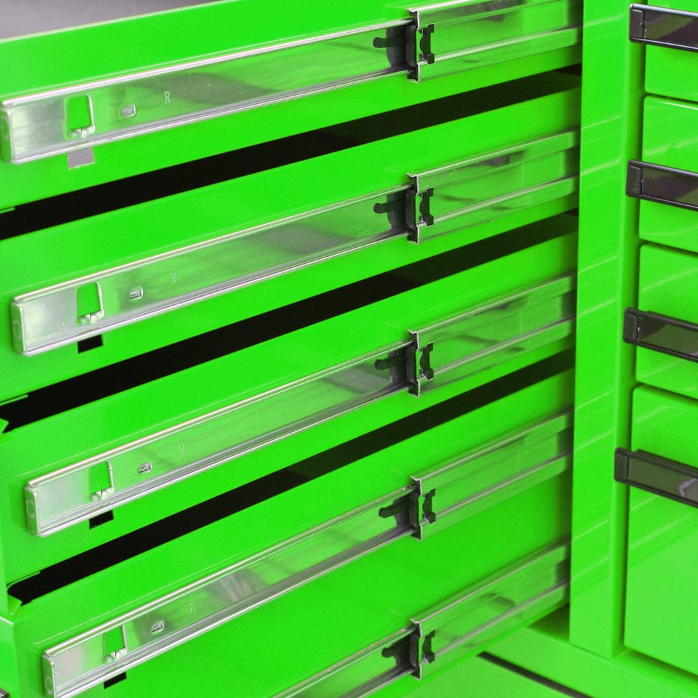 Maxim Pro Series 42” Workstation - 42” Roll cabinet +/- Stainless Steel Top MAXIM 42" Green 11 Drawer Roll Cabinet Storage Toolbox