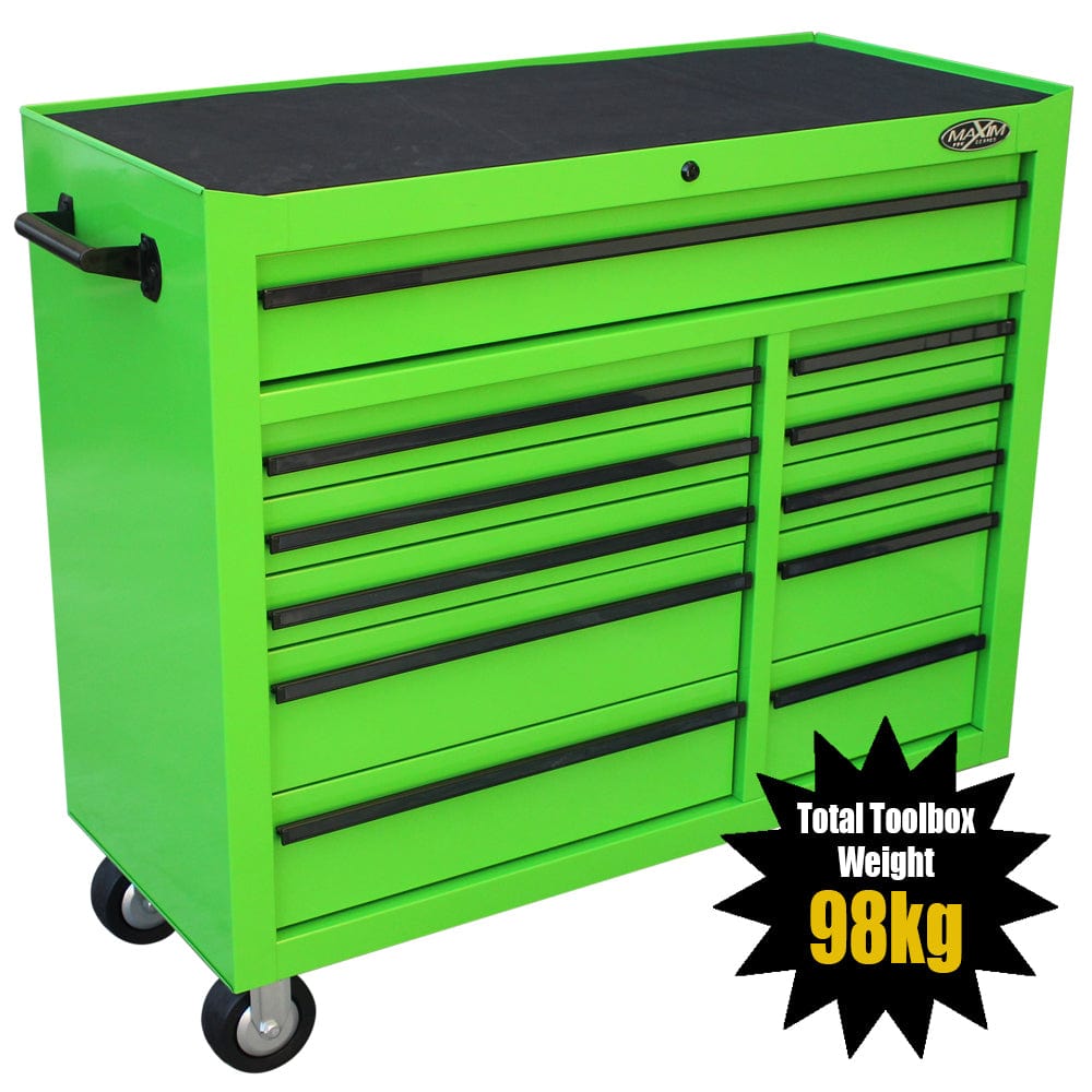 Maxim Pro Series 42” Workstation - 42” Roll cabinet +/- Stainless Steel Top MAXIM 42" Green 11 Drawer Roll Cabinet Storage Toolbox