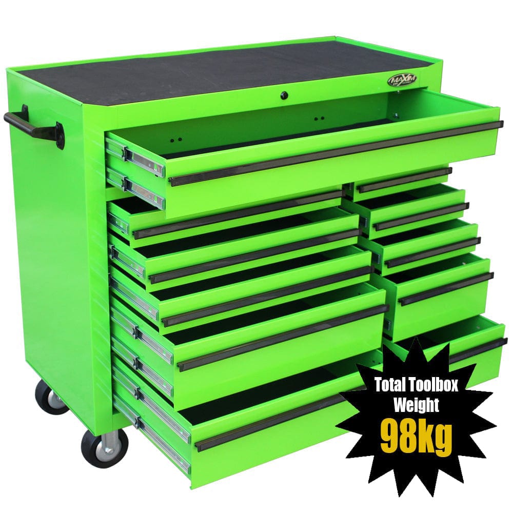 Maxim Pro Series 42” Workstation - 42” Roll cabinet +/- Stainless Steel Top MAXIM 42" Green 11 Drawer Roll Cabinet Storage Toolbox