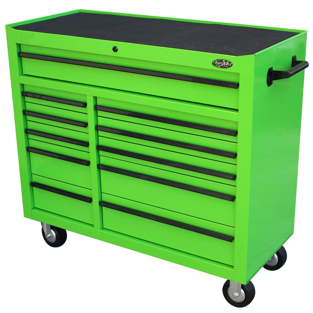 Maxim Pro Series 42” Workstation - 42” Roll cabinet +/- Stainless Steel Top MAXIM 42" Green 11 Drawer Roll Cabinet Storage Toolbox