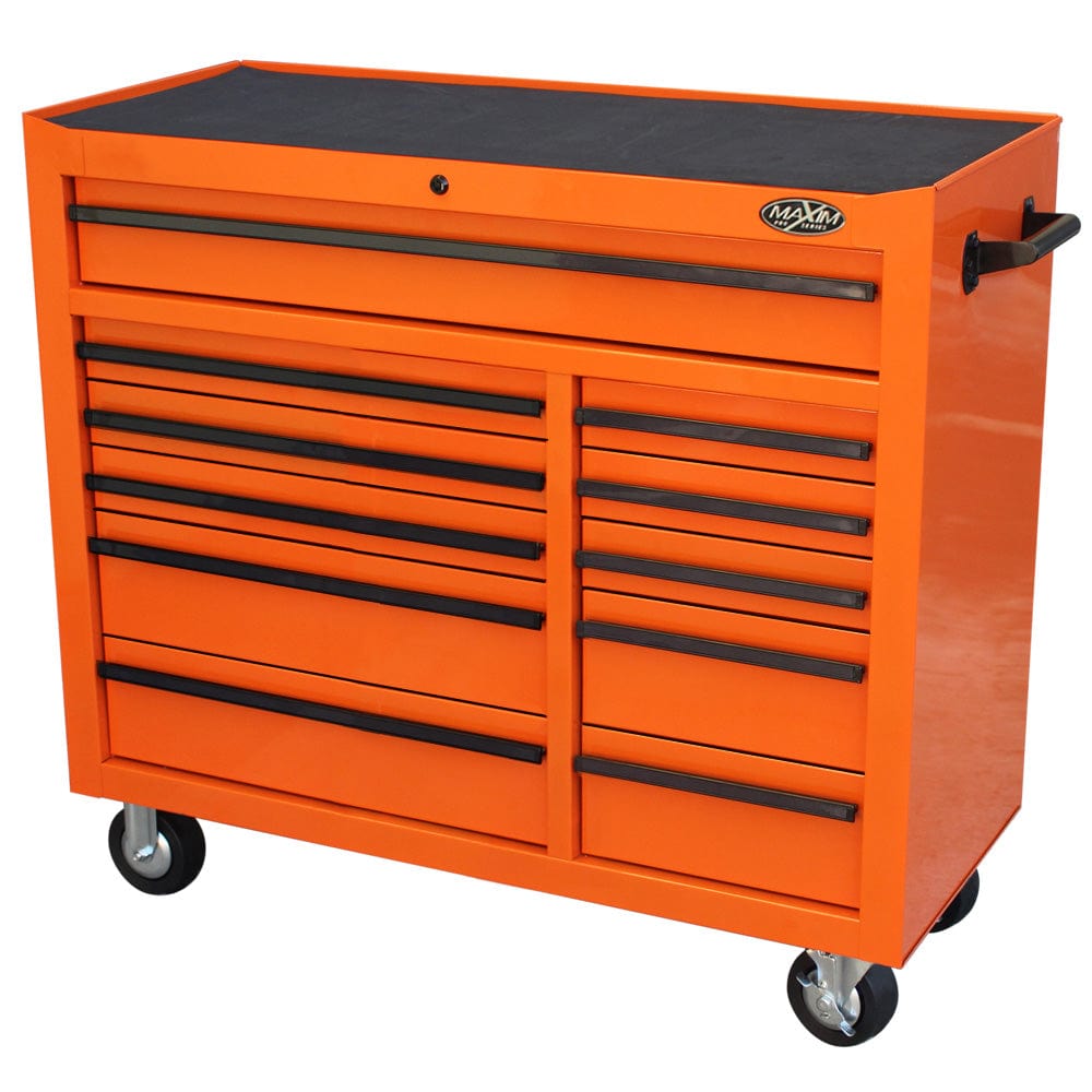 Maxim Pro Series 42” Workstation - 42” Roll cabinet +/- Stainless Steel Top MAXIM 42" Orange 11 Drawer Roll Cabinet Storage Toolbox