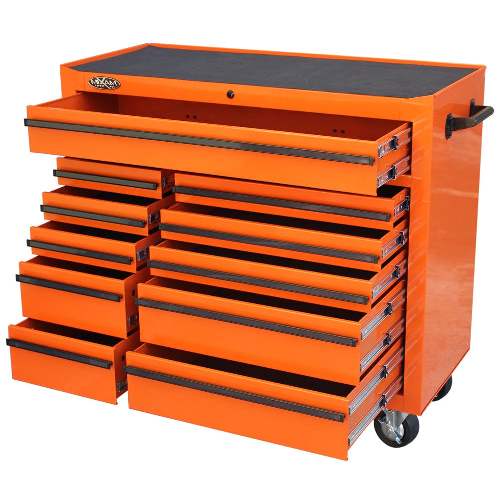 Maxim Pro Series 42” Workstation - 42” Roll cabinet +/- Stainless Steel Top MAXIM 42" Orange 11 Drawer Roll Cabinet Storage Toolbox