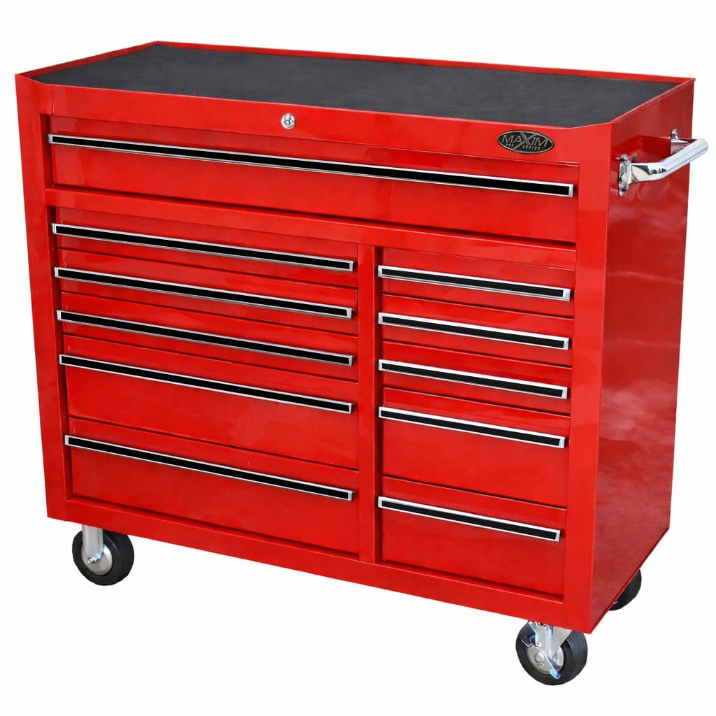 Maxim Pro Series 42” Workstation - 42” Roll cabinet +/- Stainless Steel Top MAXIM 42" Red 11 Drawer Roll Cabinet Storage Toolbox