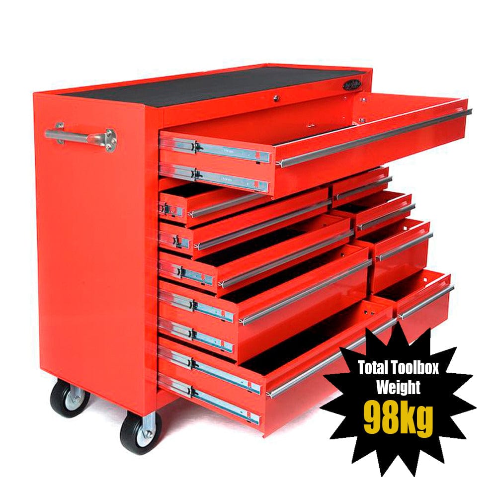 Maxim Pro Series 42” Workstation - 42” Roll cabinet +/- Stainless Steel Top MAXIM 42" Red 11 Drawer Roll Cabinet Storage Toolbox