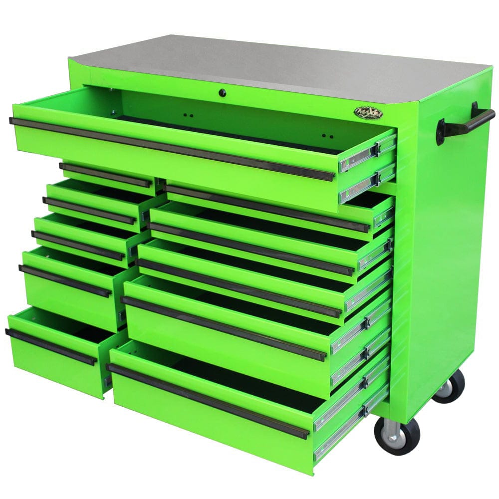 Maxim Pro Series 42” Workstation - 42” Roll cabinet +/- Stainless Steel Top Stainless Steel Top MAXIM 42" Green 11 Drawer Roll Cabinet Storage Toolbox