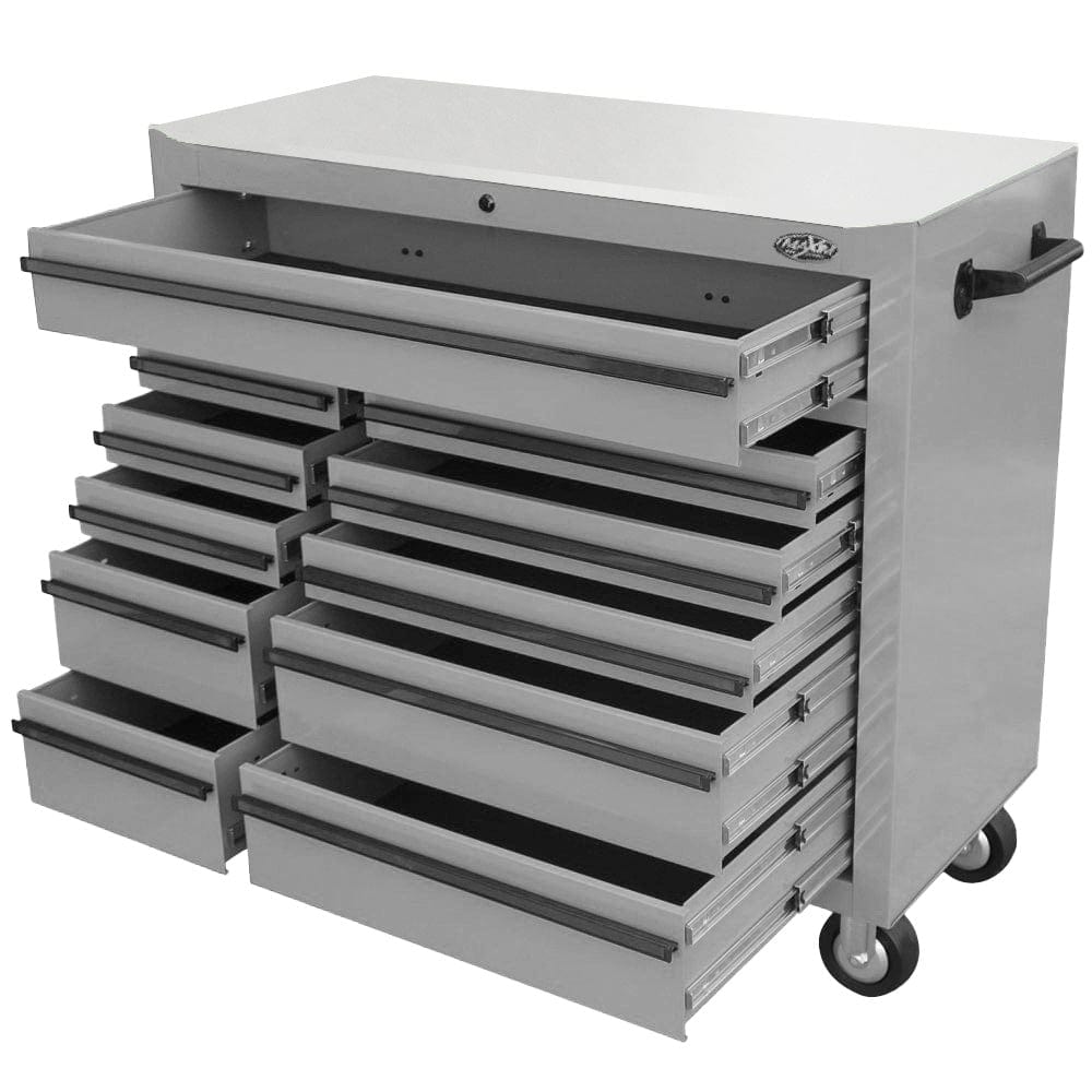 Maxim Pro Series 42” Workstation - 42” Roll cabinet +/- Stainless Steel Top Stainless Steel Top MAXIM 42" Nardo Grey 11 Drawer Roll Cabinet Storage Toolbox