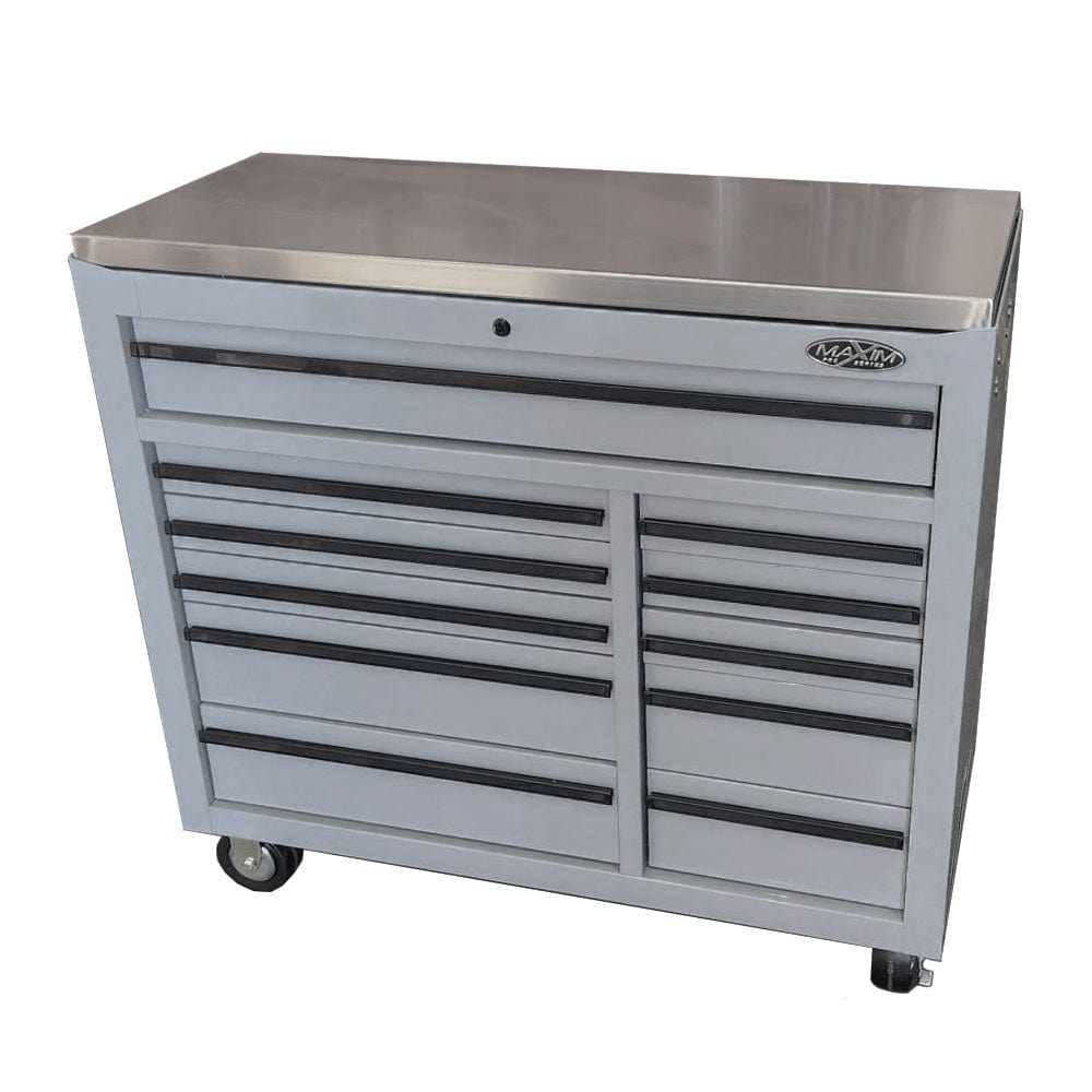 Maxim Pro Series 42” Workstation - 42” Roll cabinet +/- Stainless Steel Top Stainless Steel Top MAXIM 42" Nardo Grey 11 Drawer Roll Cabinet Storage Toolbox