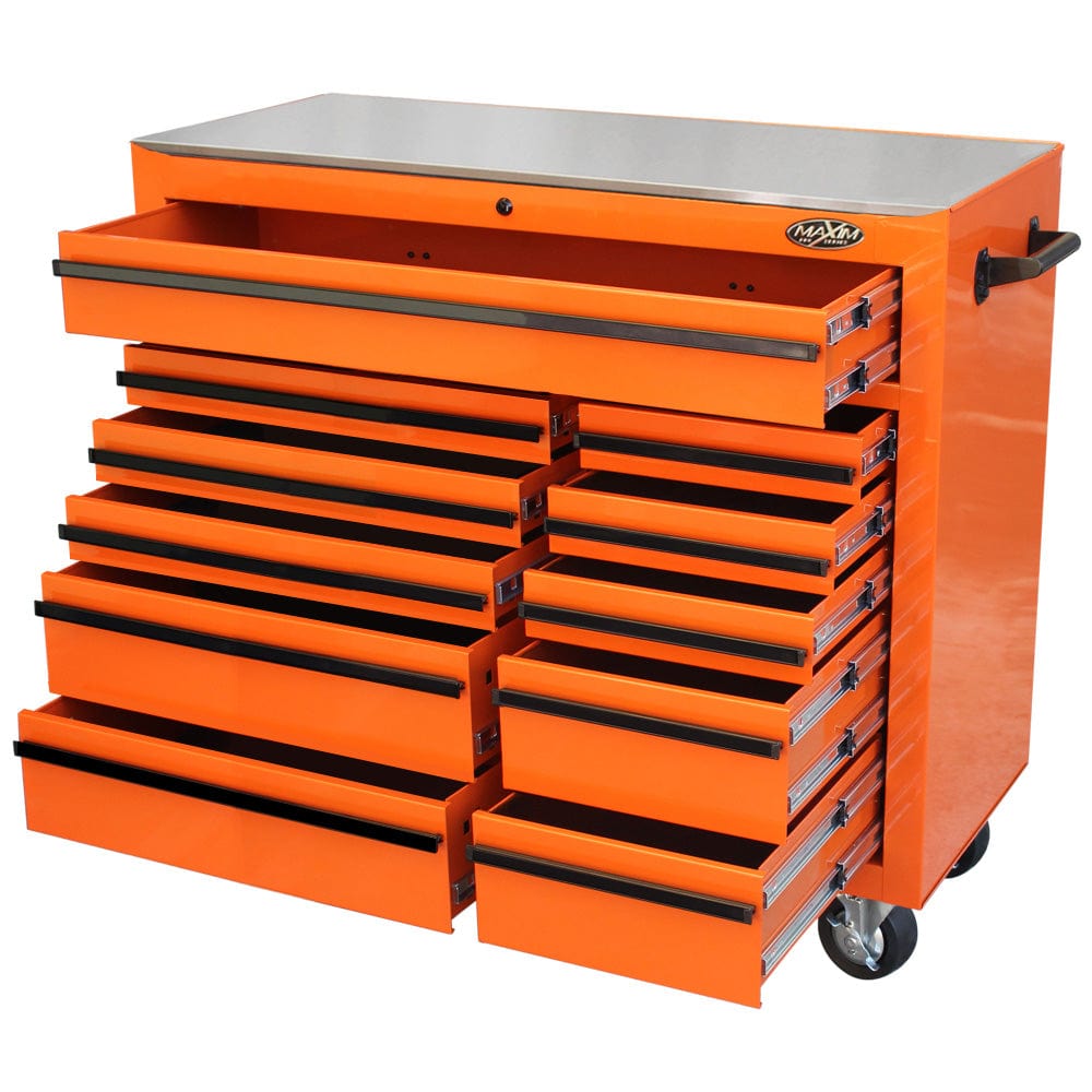 Maxim Pro Series 42” Workstation - 42” Roll cabinet +/- Stainless Steel Top Stainless Steel Top MAXIM 42" Orange 11 Drawer Roll Cabinet Storage Toolbox