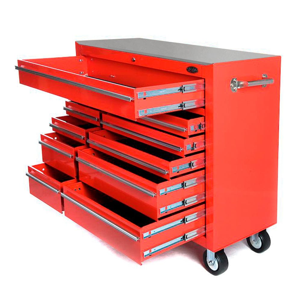 Maxim Pro Series 42” Workstation - 42” Roll cabinet +/- Stainless Steel Top Stainless Steel Top MAXIM 42" Red 11 Drawer Roll Cabinet Storage Toolbox