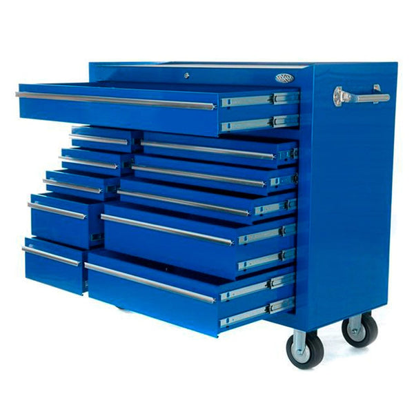 Maxim Pro Series 42” Workstation - 42” Roll cabinet +/- Stainless Steel Top Standard Top MAXIM 42" Blue 11 Drawer Roll Cabinet Storage Toolbox