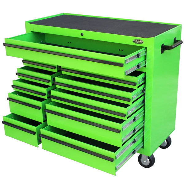 Maxim Pro Series 42” Workstation - 42” Roll cabinet +/- Stainless Steel Top Standard Top MAXIM 42" Green 11 Drawer Roll Cabinet Storage Toolbox