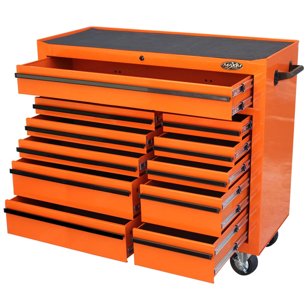 Maxim Pro Series 42” Workstation - 42” Roll cabinet +/- Stainless Steel Top Standard Top MAXIM 42" Orange 11 Drawer Roll Cabinet Storage Toolbox
