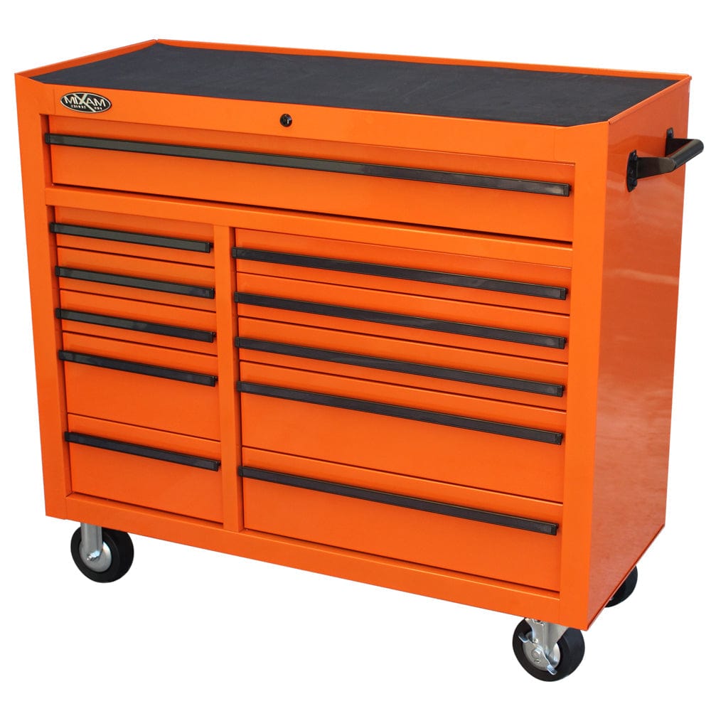 Maxim Pro Series 42” Workstation - 42” Roll cabinet +/- Stainless Steel Top Standard Top MAXIM 42" Orange 11 Drawer Roll Cabinet Storage Toolbox