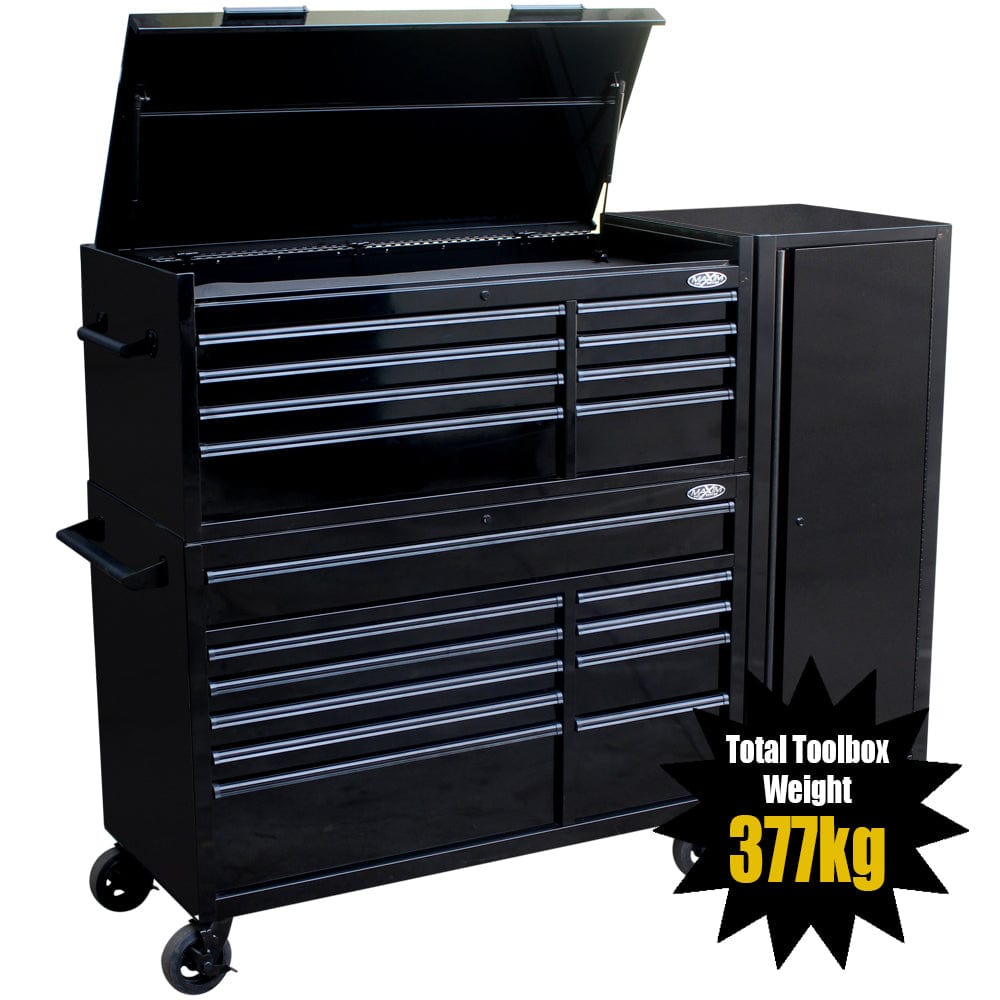 Maxim Pro Series 54” Combo - 54” Roll cabinet, 54” Top chest, 54” Side Locker MAXIM 54” Black 23 Drawers Complete Toolbox Combination