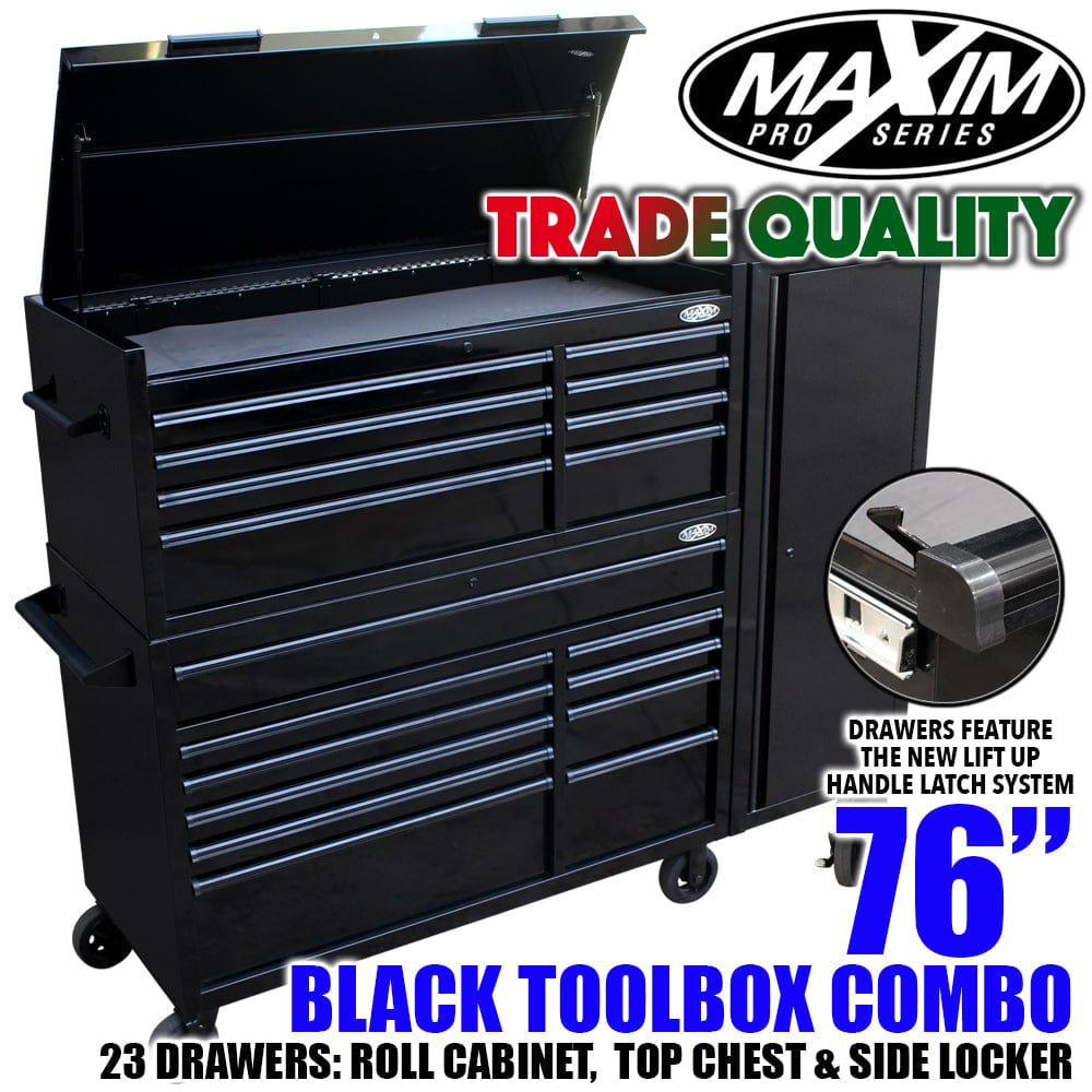 Maxim Pro Series 54” Combo - 54” Roll cabinet, 54” Top chest, 54” Side Locker MAXIM 54” Black 23 Drawers Complete Toolbox Combination