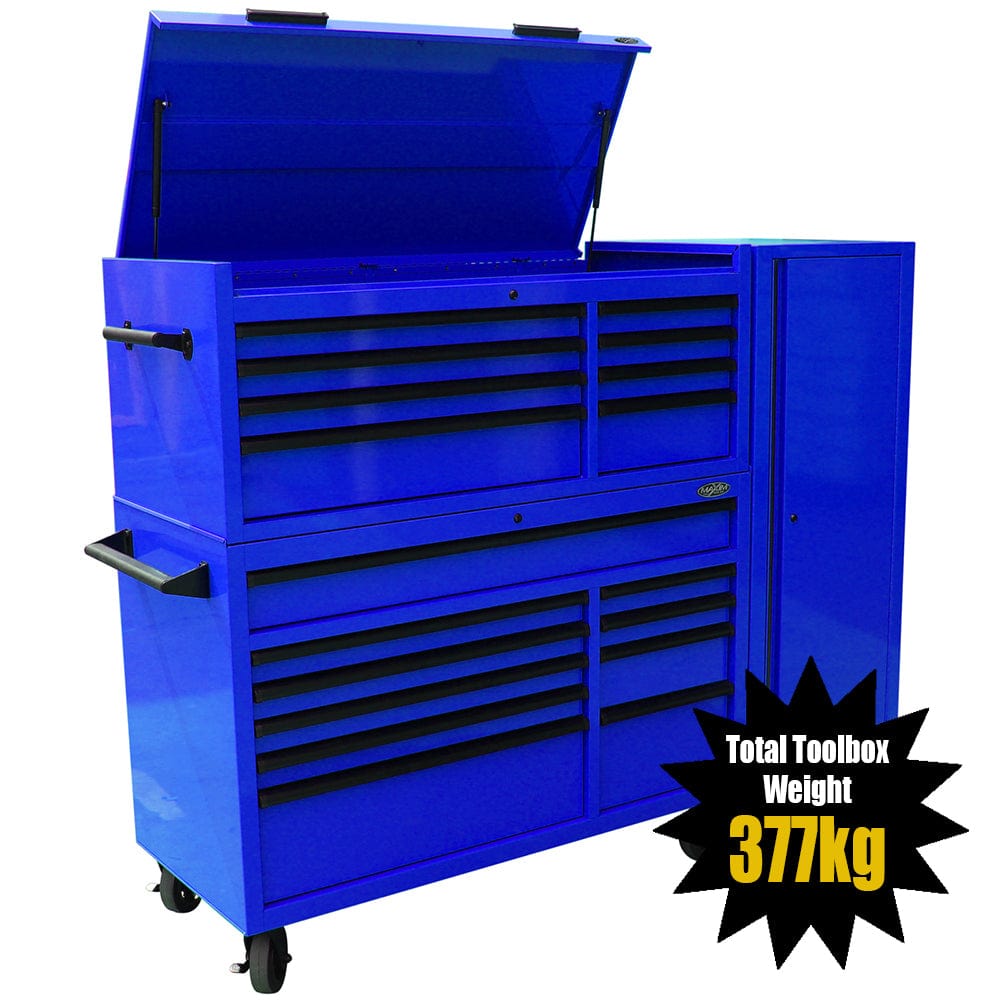 Maxim Pro Series 54” Combo - 54” Roll cabinet, 54” Top chest, 54” Side Locker MAXIM 54” Blue 23 Drawers Complete Toolbox Combination