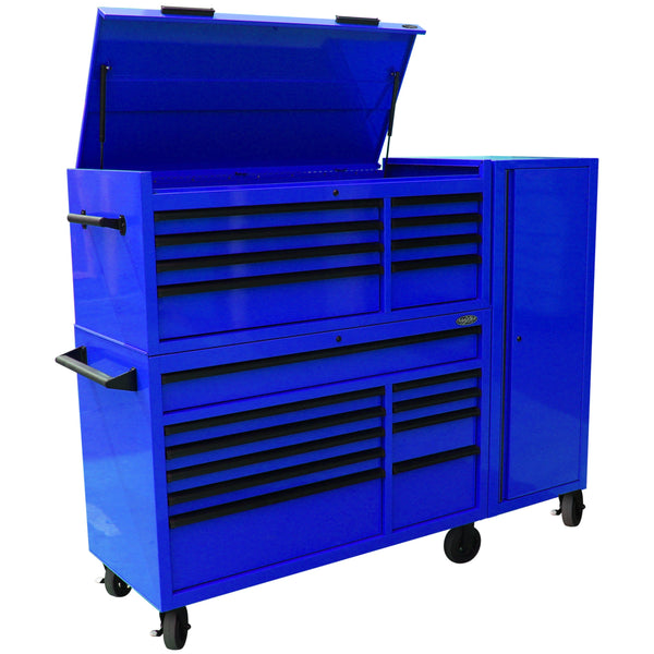 Maxim Pro Series 54” Combo - 54” Roll cabinet, 54” Top chest, 54” Side Locker MAXIM 54” Blue 23 Drawers Complete Toolbox Combination