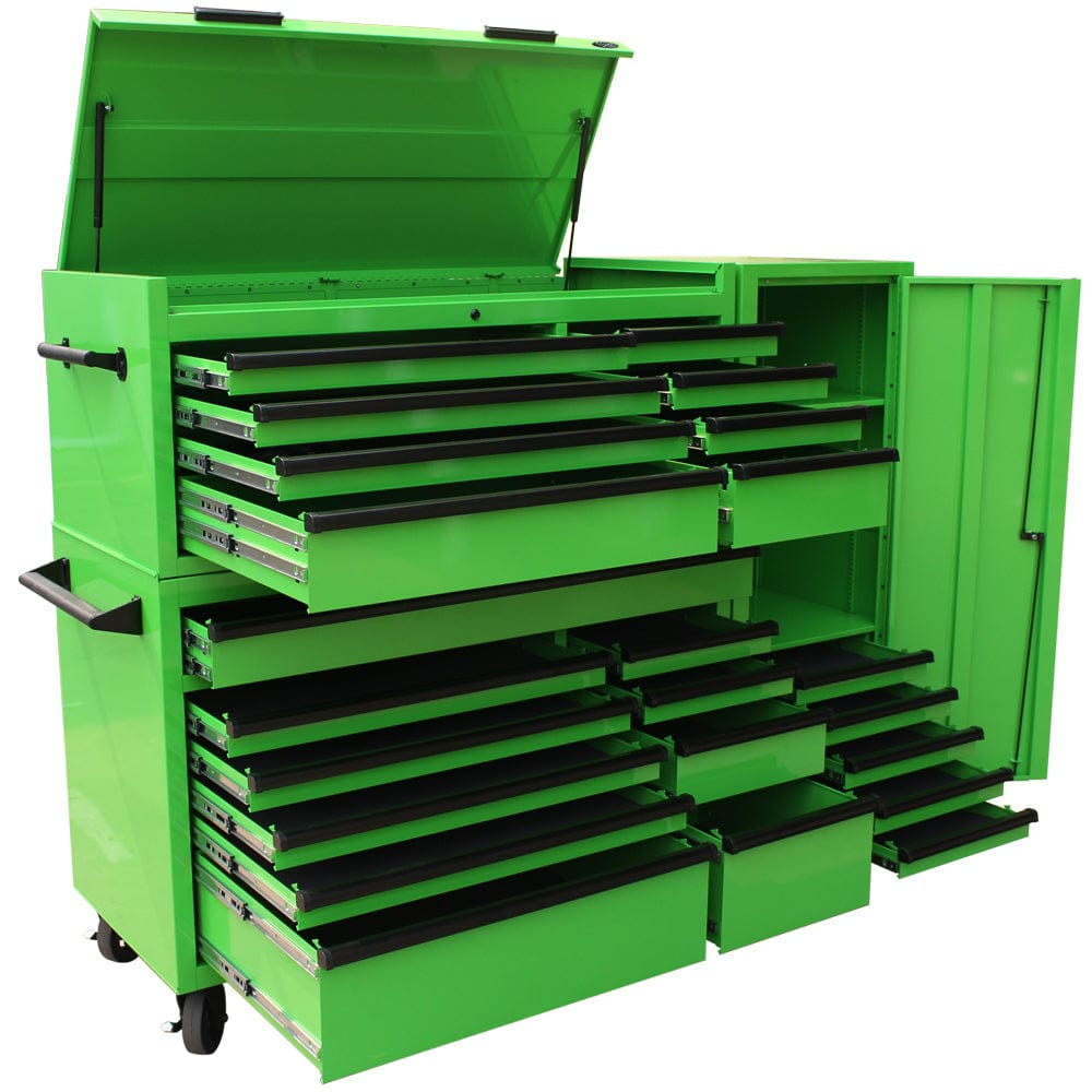 Maxim Pro Series 54” Combo - 54” Roll cabinet, 54” Top chest, 54” Side Locker MAXIM 54” Green 23 Drawers Complete Toolbox Combination