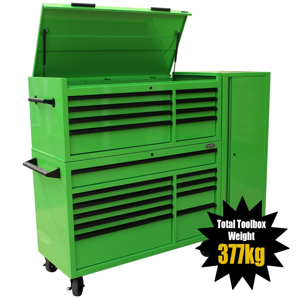 Maxim Pro Series 54” Combo - 54” Roll cabinet, 54” Top chest, 54” Side Locker MAXIM 54” Green 23 Drawers Complete Toolbox Combination