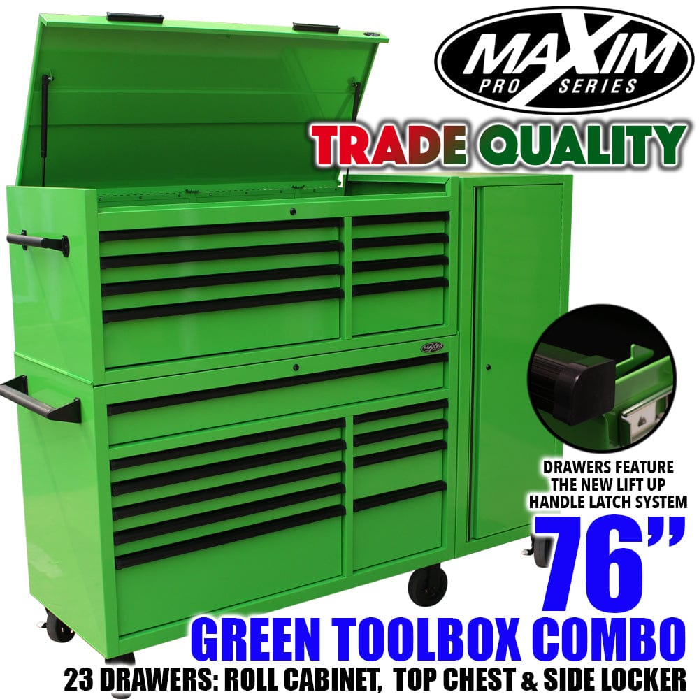 Maxim Pro Series 54” Combo - 54” Roll cabinet, 54” Top chest, 54” Side Locker MAXIM 54” Green 23 Drawers Complete Toolbox Combination