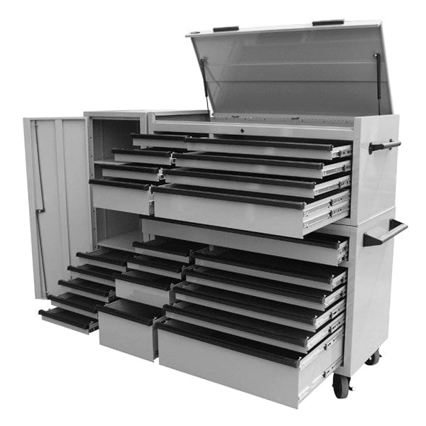 Maxim Pro Series 54” Combo - 54” Roll cabinet, 54” Top chest, 54” Side Locker MAXIM 54” Nardo Grey 23 Drawers Complete Toolbox Combination