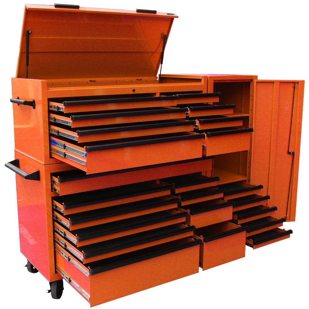 Maxim Pro Series 54” Combo - 54” Roll cabinet, 54” Top chest, 54” Side Locker MAXIM 54” Orange 23 Drawers Complete Toolbox Combination