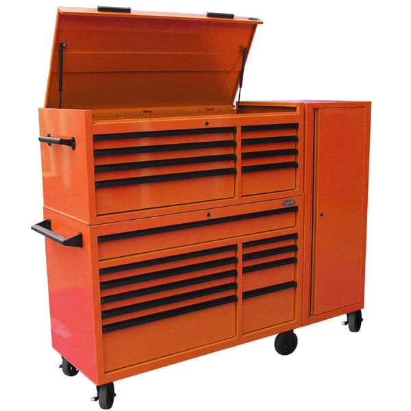 Maxim Pro Series 54” Combo - 54” Roll cabinet, 54” Top chest, 54” Side Locker MAXIM 54” Orange 23 Drawers Complete Toolbox Combination