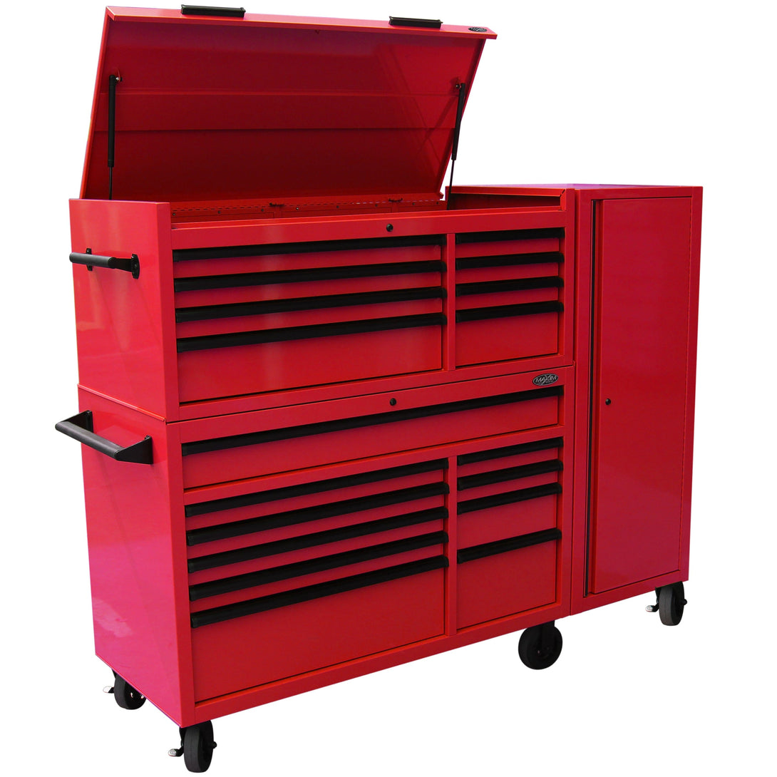 Maxim Pro Series 54” Combo - 54” Roll cabinet, 54” Top chest, 54” Side Locker MAXIM 54” Red 23 Drawers Complete Toolbox Combination