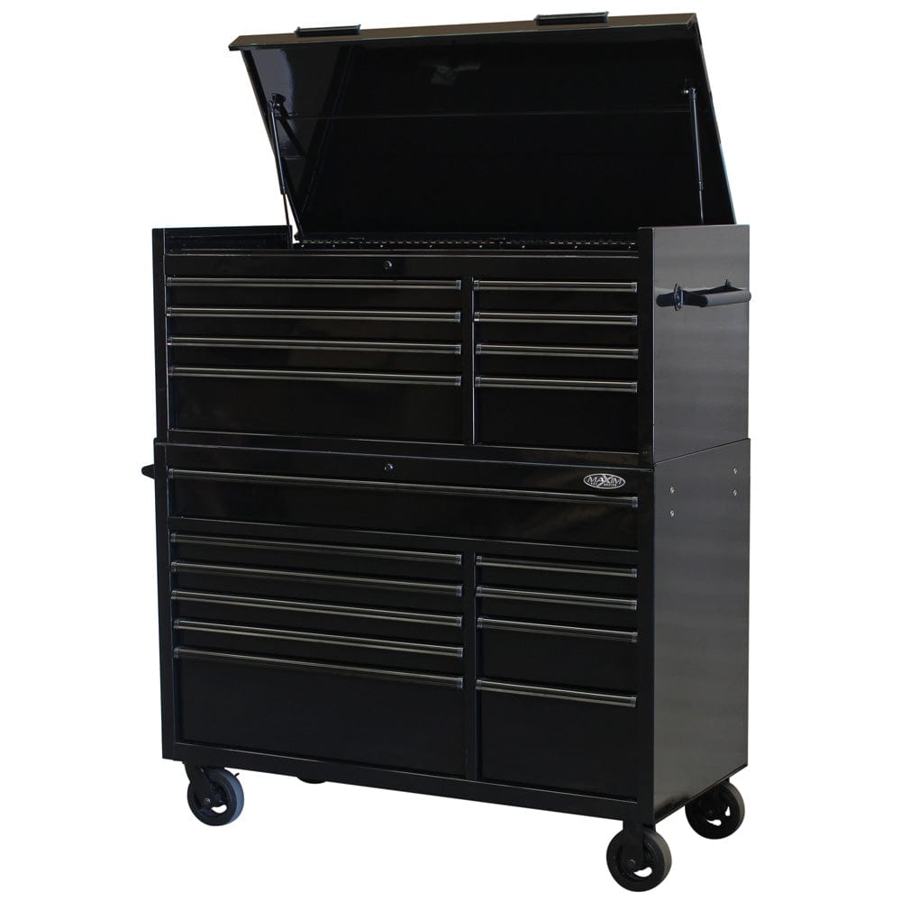 Maxim Pro Series 54” Combo - 54” Roll cabinet, 54” Top chest MAXIM 54” Black 18 Drawer Top Chest & Roll Cabinet Toolbox