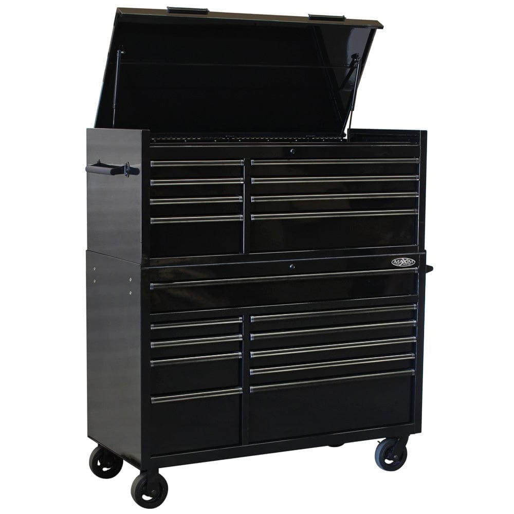 Maxim Pro Series 54” Combo - 54” Roll cabinet, 54” Top chest MAXIM 54” Black 18 Drawers Top Chest & Roll Cabinet Combo Toolbox