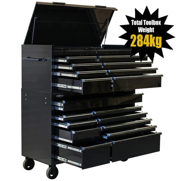 Maxim Pro Series 54” Combo - 54” Roll cabinet, 54” Top chest MAXIM 54” Black 18 Drawers Top Chest & Roll Cabinet Combo Toolbox