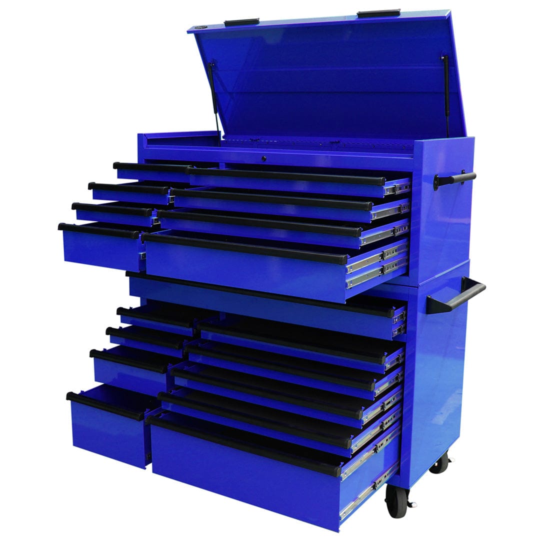 Maxim Pro Series 54” Combo - 54” Roll cabinet, 54” Top chest MAXIM 54” Blue 18 Drawer Top Chest & Roll Cabinet Toolbox