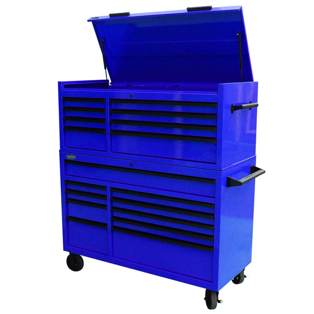 Maxim Pro Series 54” Combo - 54” Roll cabinet, 54” Top chest MAXIM 54” Blue 18 Drawer Top Chest & Roll Cabinet Toolbox
