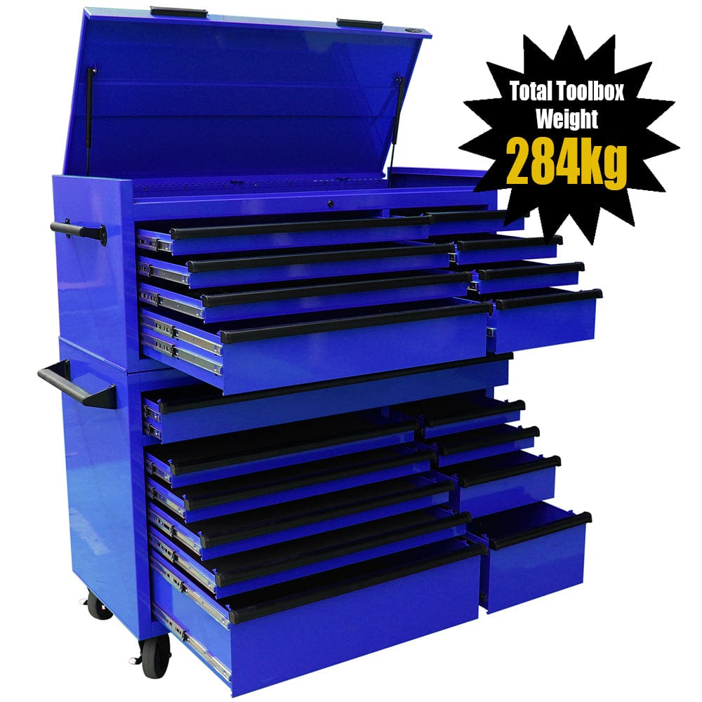 Maxim Pro Series 54” Combo - 54” Roll cabinet, 54” Top chest MAXIM 54” Blue 18 Drawers Top Chest & Roll Cabinet Combo Toolbox