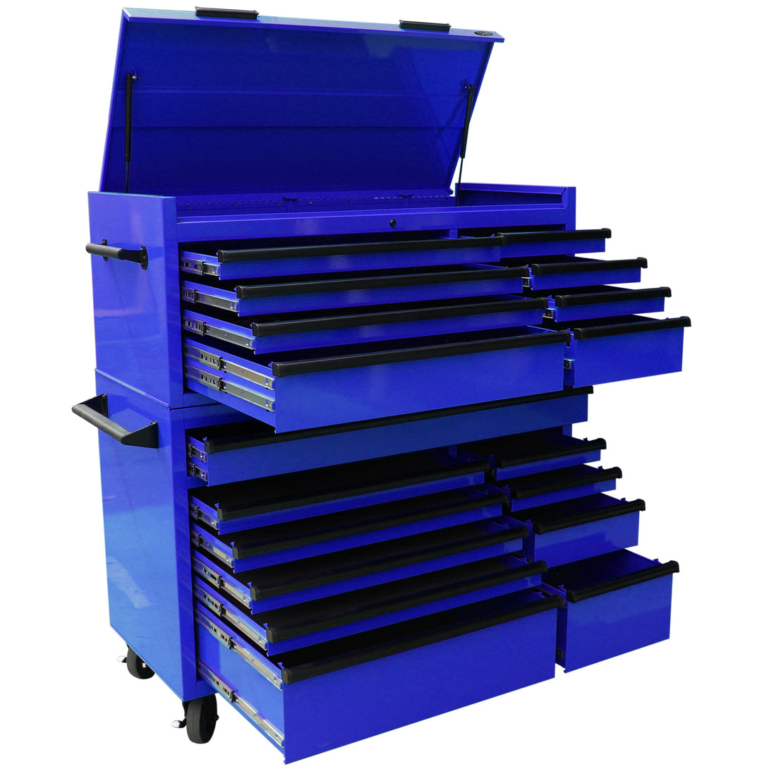 Maxim Pro Series 54” Combo - 54” Roll cabinet, 54” Top chest MAXIM 54” Blue 18 Drawers Top Chest & Roll Cabinet Combo Toolbox