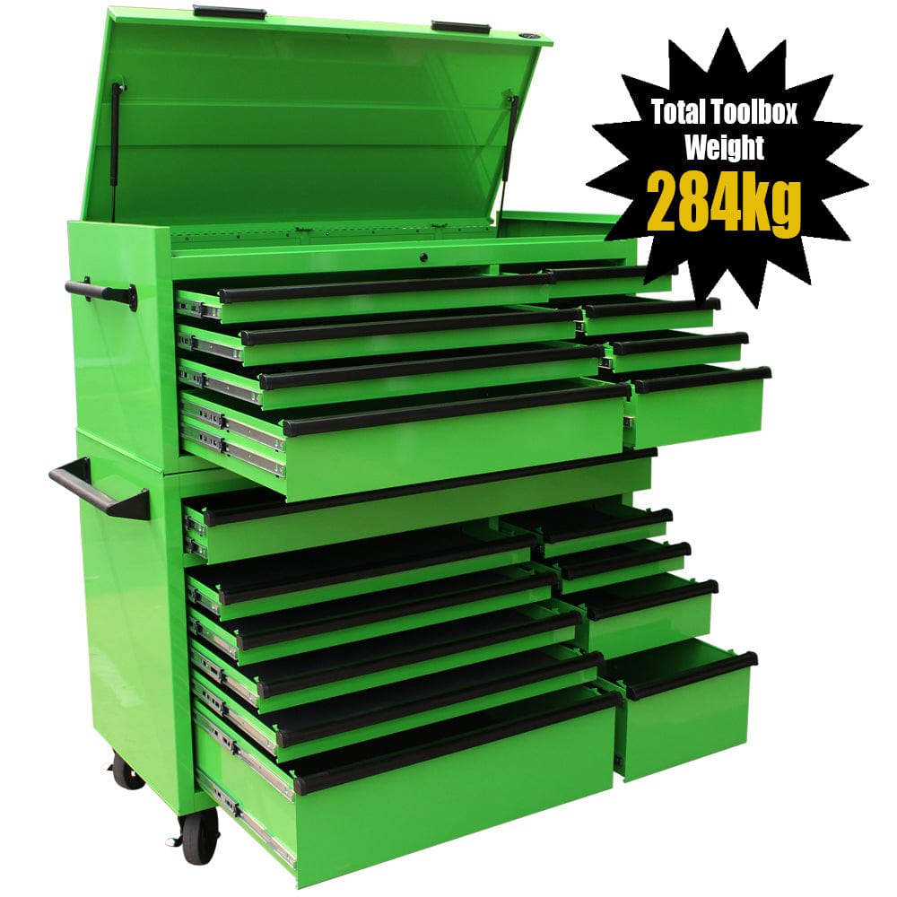 Maxim Pro Series 54” Combo - 54” Roll cabinet, 54” Top chest MAXIM 54” Green 18 Drawers Top Chest & Roll Cabinet Combo Toolbox