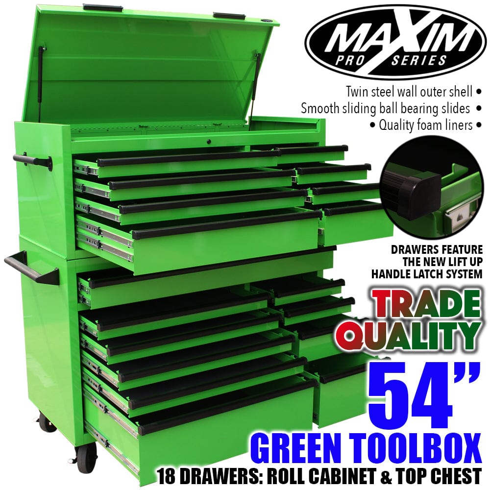 Maxim Pro Series 54” Combo - 54” Roll cabinet, 54” Top chest MAXIM 54” Green 18 Drawers Top Chest & Roll Cabinet Combo Toolbox