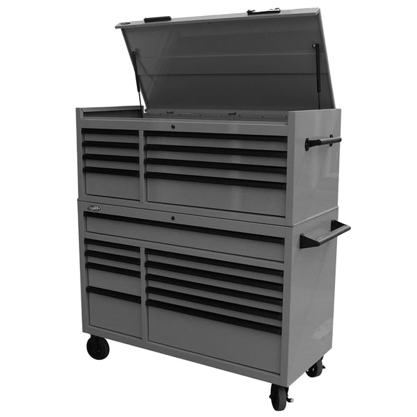 Maxim Pro Series 54” Combo - 54” Roll cabinet, 54” Top chest MAXIM 54” Nardo Grey 18 Drawer Top Chest & Roll Cabinet Toolbox