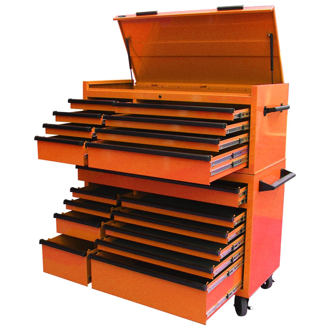 Maxim Pro Series 54” Combo - 54” Roll cabinet, 54” Top chest MAXIM 54” Orange 18 Drawer Top Chest & Roll Cabinet Toolbox