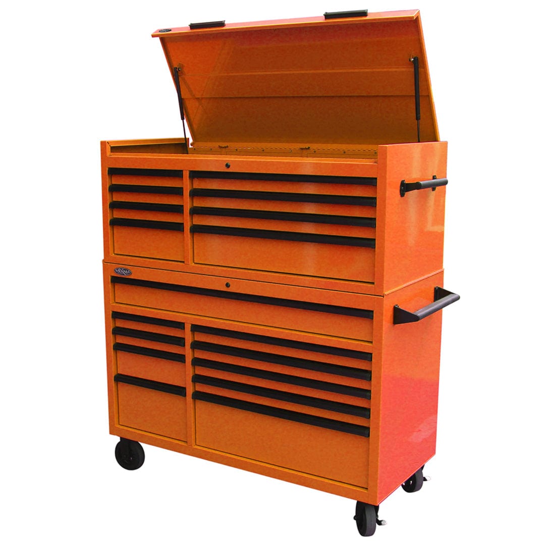 Maxim Pro Series 54” Combo - 54” Roll cabinet, 54” Top chest MAXIM 54” Orange 18 Drawer Top Chest & Roll Cabinet Toolbox
