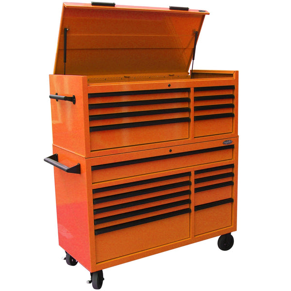 Maxim Pro Series 54” Combo - 54” Roll cabinet, 54” Top chest MAXIM 54” Orange 18 Drawers Top Chest & Roll Cabinet Combo Toolbox