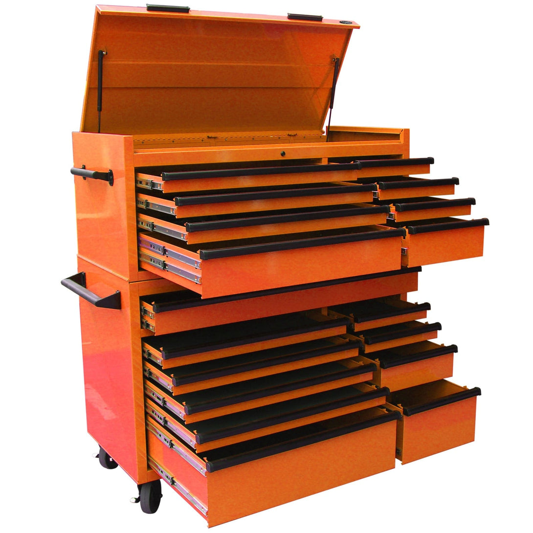 Maxim Pro Series 54” Combo - 54” Roll cabinet, 54” Top chest MAXIM 54” Orange 18 Drawers Top Chest & Roll Cabinet Combo Toolbox