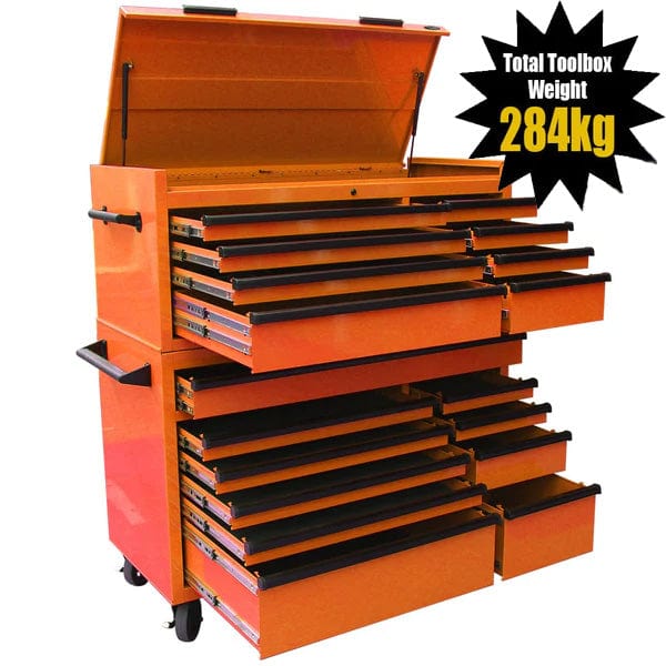 Maxim Pro Series 54” Combo - 54” Roll cabinet, 54” Top chest MAXIM 54” Orange 18 Drawers Top Chest & Roll Cabinet Combo Toolbox