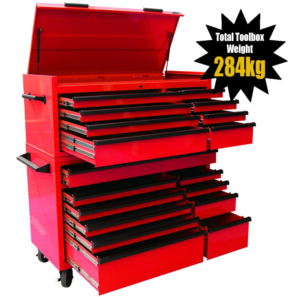 Maxim Pro Series 54” Combo - 54” Roll cabinet, 54” Top chest MAXIM 54” Red 18 Drawers Top Chest & Roll Cabinet Combo Toolbox